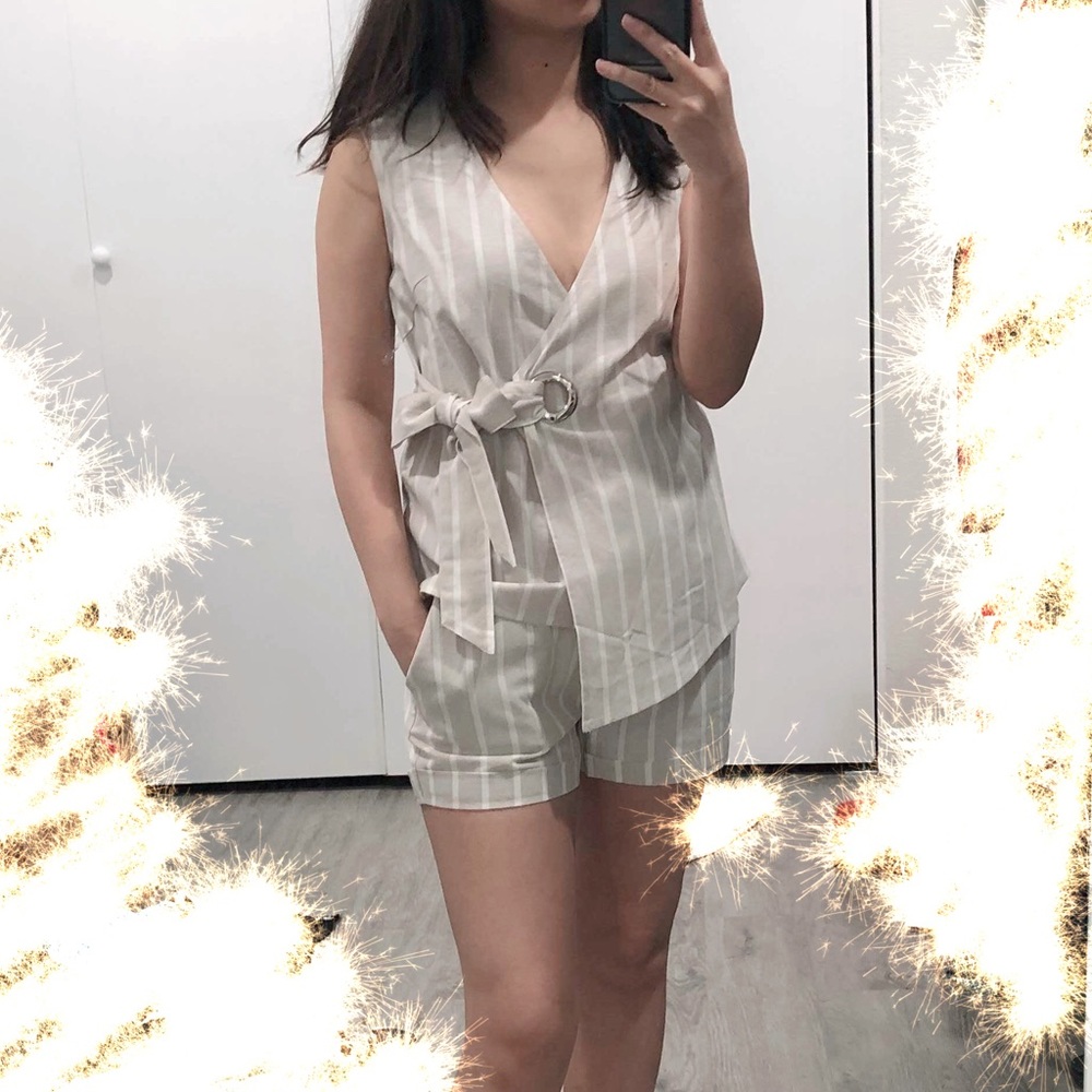 WILD HONEY Striped Asymmetrical Linen Suit Set